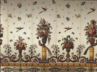 Textil con jarrones y urnas clásicas, flores y aves del paraíso, por Cousin y Bony, Bissardon, Lyon